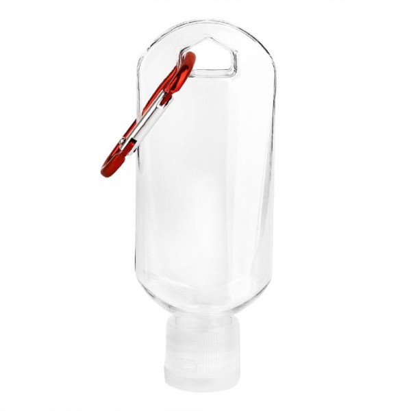 Botella con mosquetón para gel hidroalcohólico