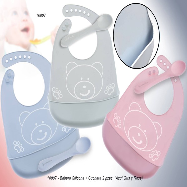 10807 BABERO DE SILICONA MAS CUCHARA. GAMBERRITOS (18X20)